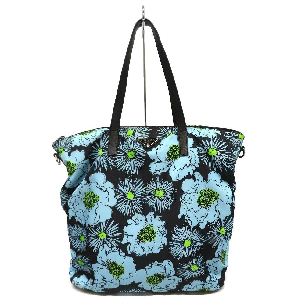 Prada Tote Bag Floral Flower Blue Black